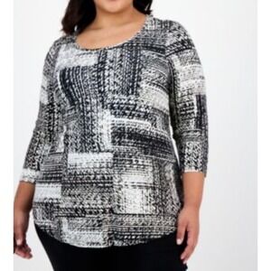 JM Collection Womens 2X Black White Gold Metallic Abstract 3/4 Sleeve Tunic Top